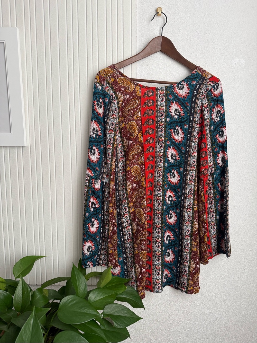 Billabong Rainy Roads Teal Print Boho Mini Dress with Bell Sleeves